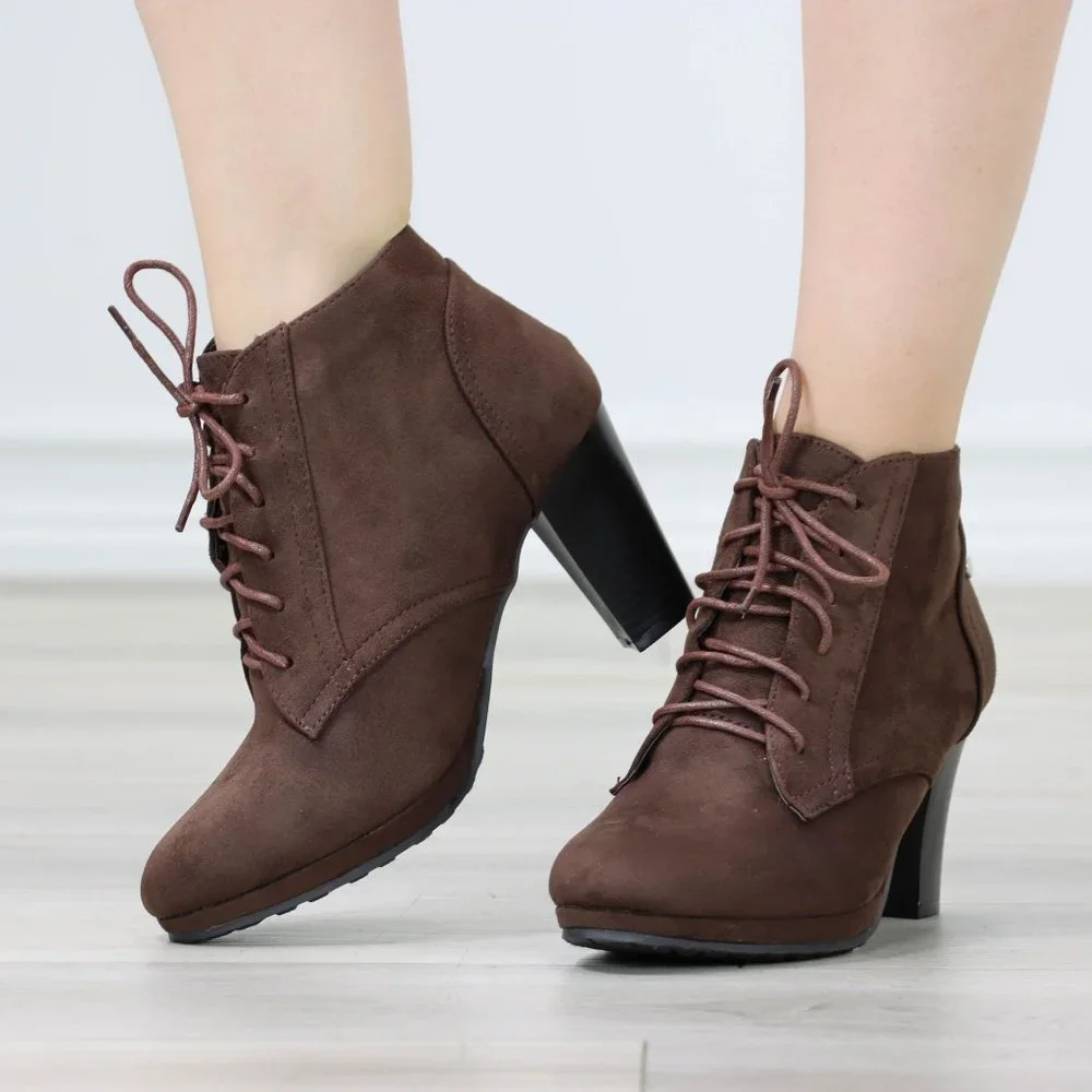 Womens Ankle Boots Lace Up Block Heel Booties Brown Faux Suede - Picture 9 of 11